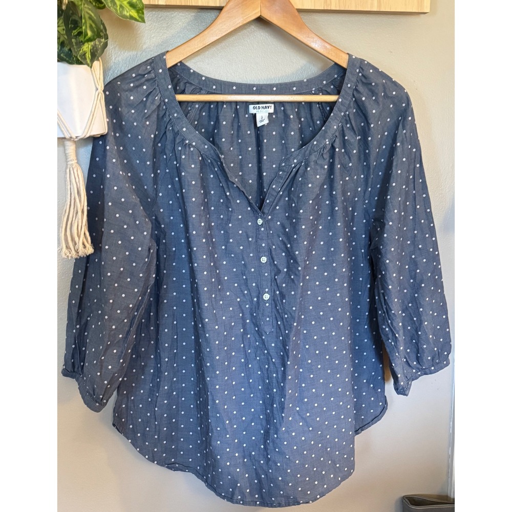 Old Navy Blue Polka Dot Chambray Peasant Blouse 3/4 Sleeve Large